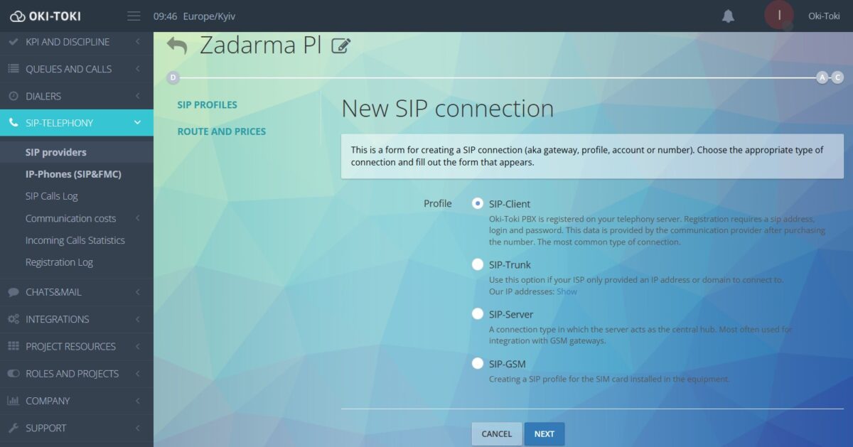 Tworzenie połączenia SIP