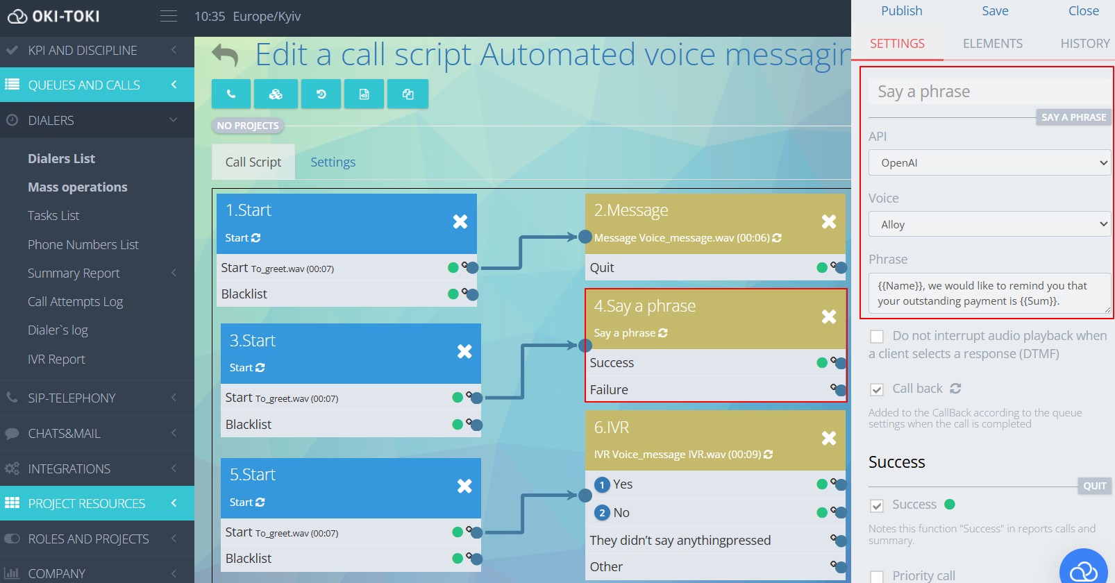 Opcje ustawień scriptu