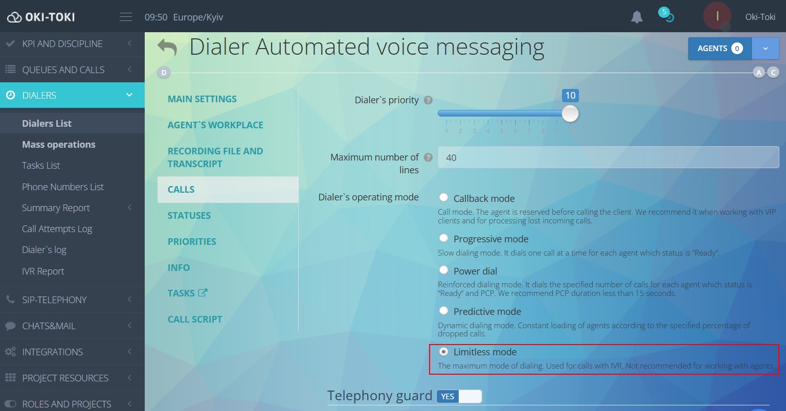 Wybór trybu dialera