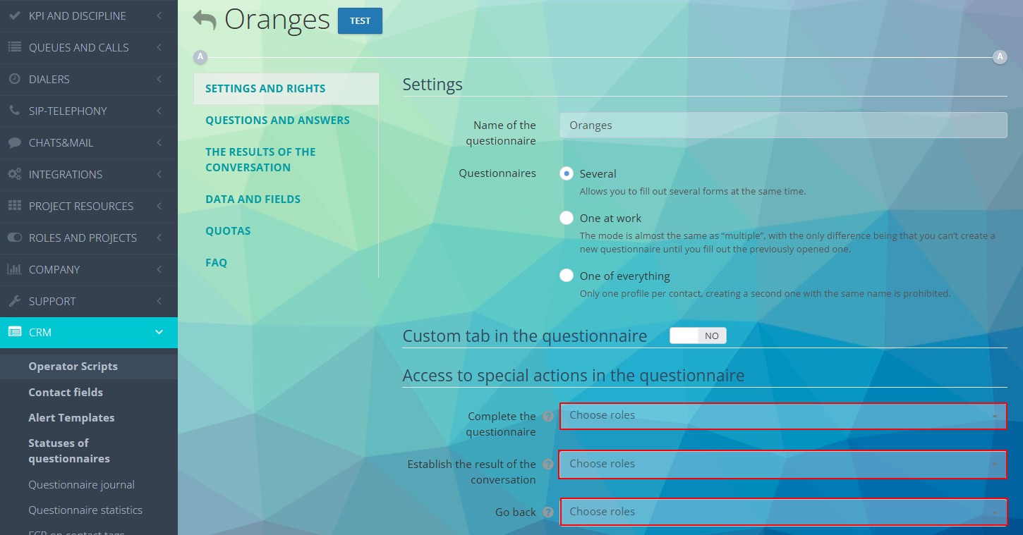 Wybór roli dla specjalnych uprawnień w ankiecie