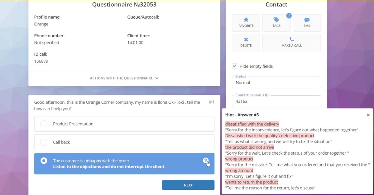 Podpowiedzi dla agenta w ankiecie