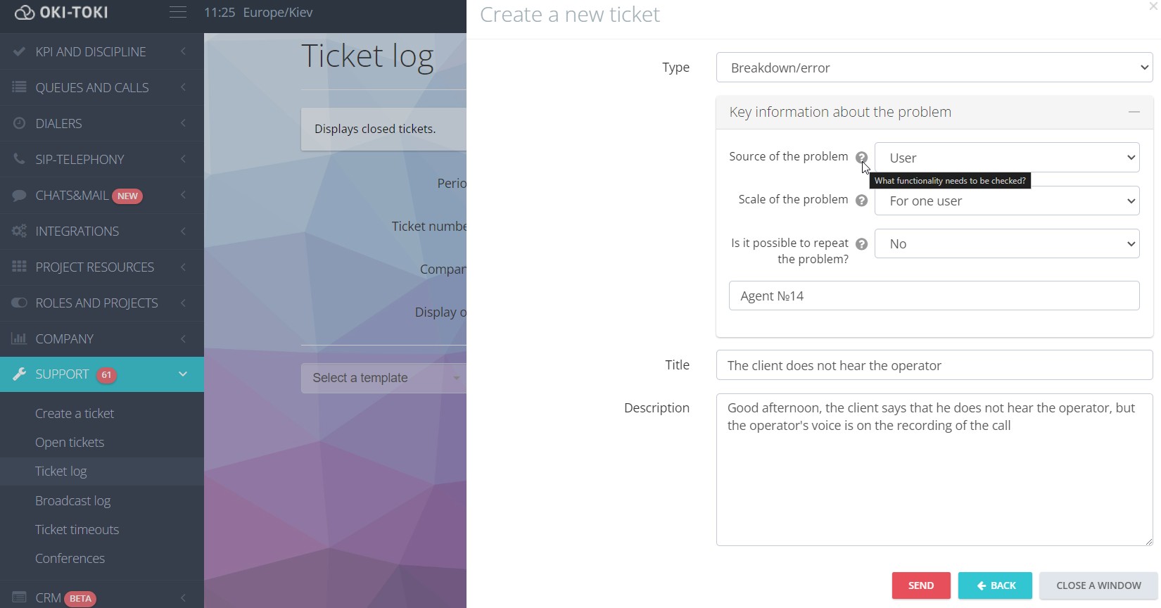 Creating a ticket for technical support