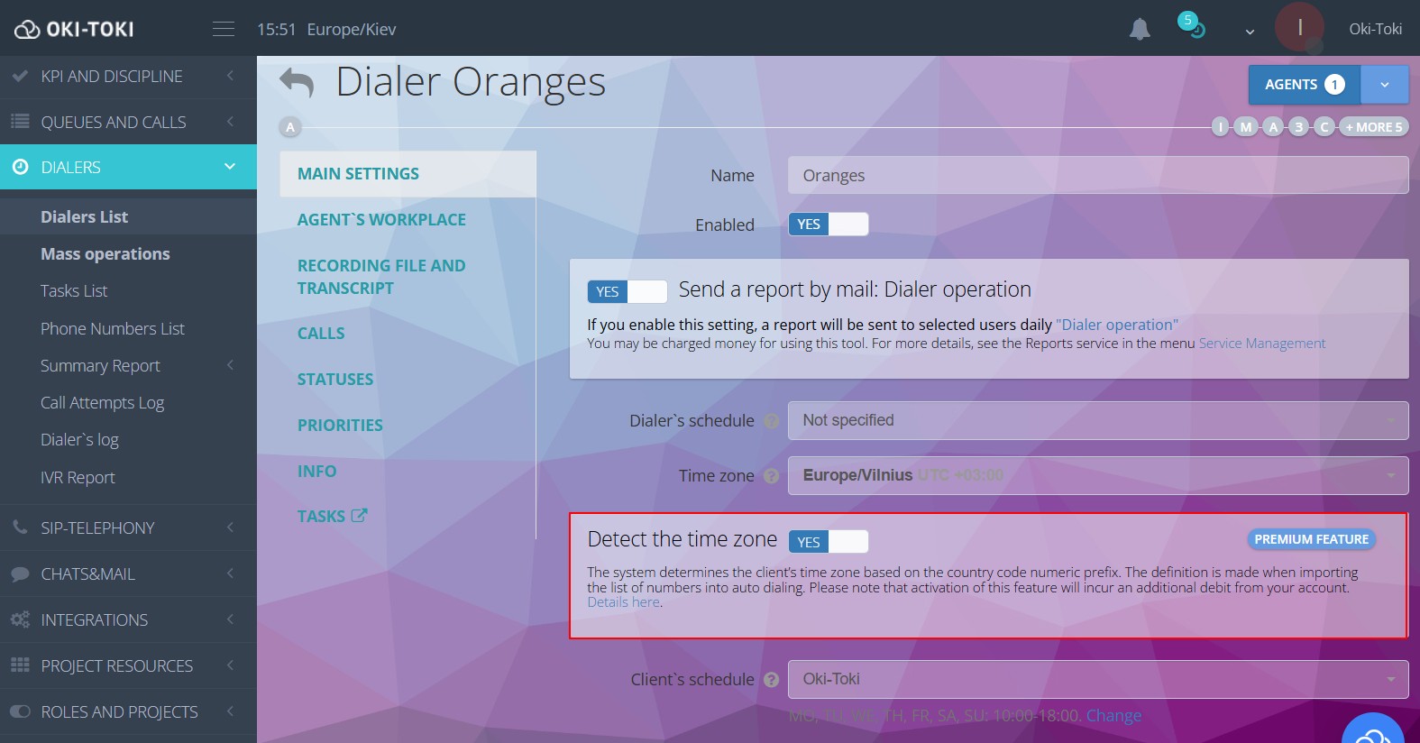 Włączenie strefy czasowej na автообзвоне