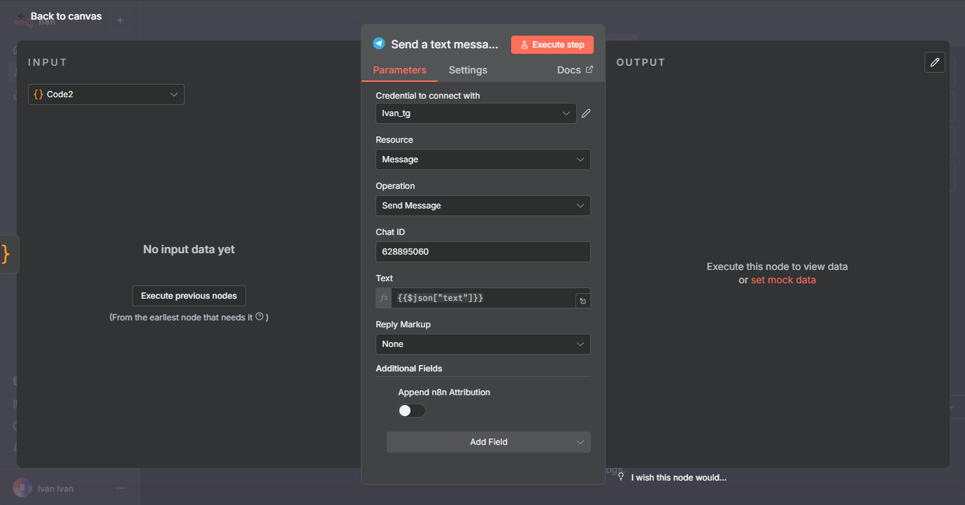 Końcowy wygląd konfiguracji przed wysłaniem na Telegram.
