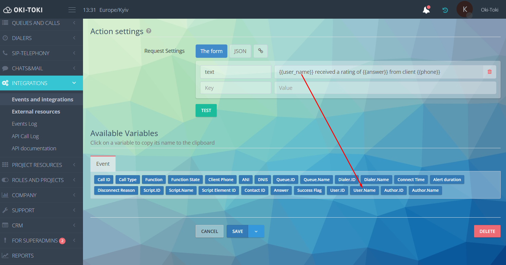 Parametry działań Telegram
