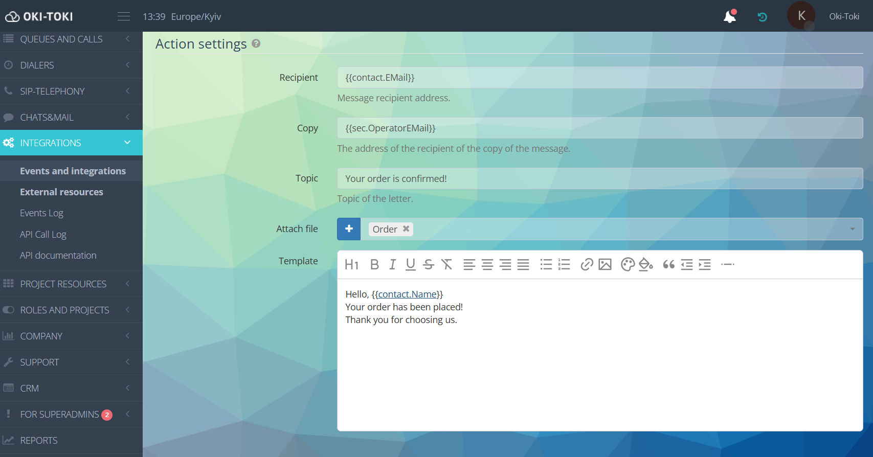 Parametry działań Mail SMTP